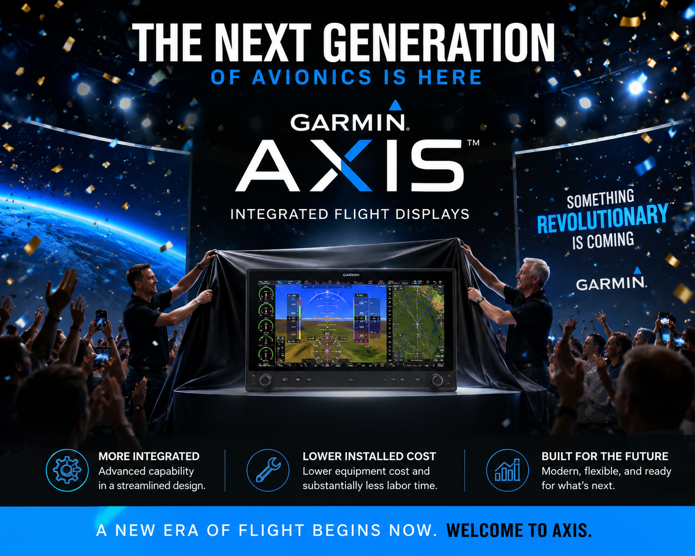 Celebration graphic featuring a partially unveiled Garmin logo with confetti, symbolizing the launch of the new Garmin AXIS integrated flight display family.